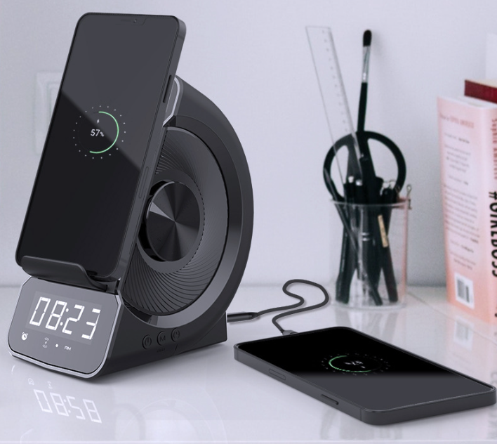3-in-1 Wireless Charging Alarm Clock Bluetooth Speaker - Creative Design