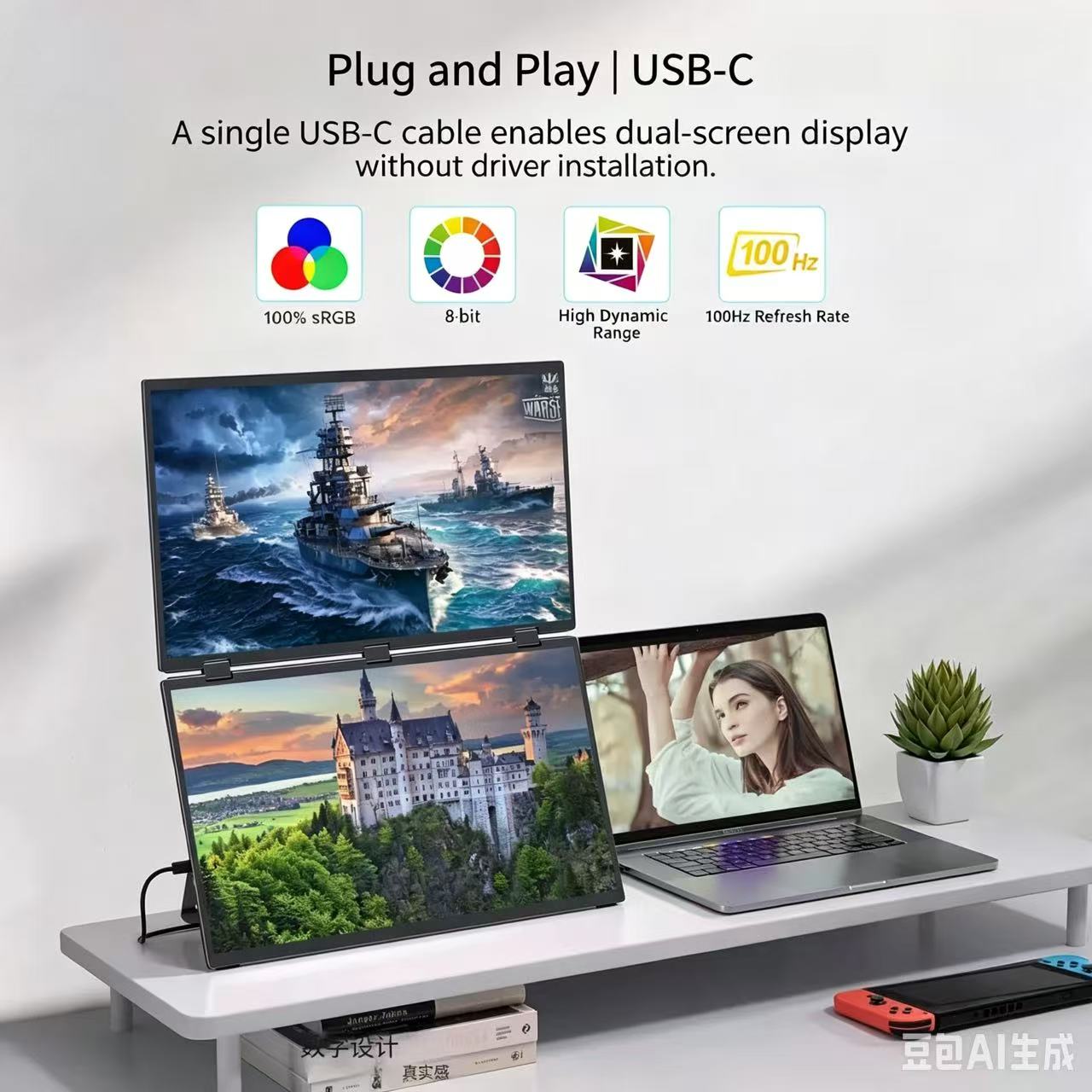 18.5-inch Folding Dual-Screen Portable Monitor, One-Cable Connection, Laptop Extended Display, External Screen for PS5