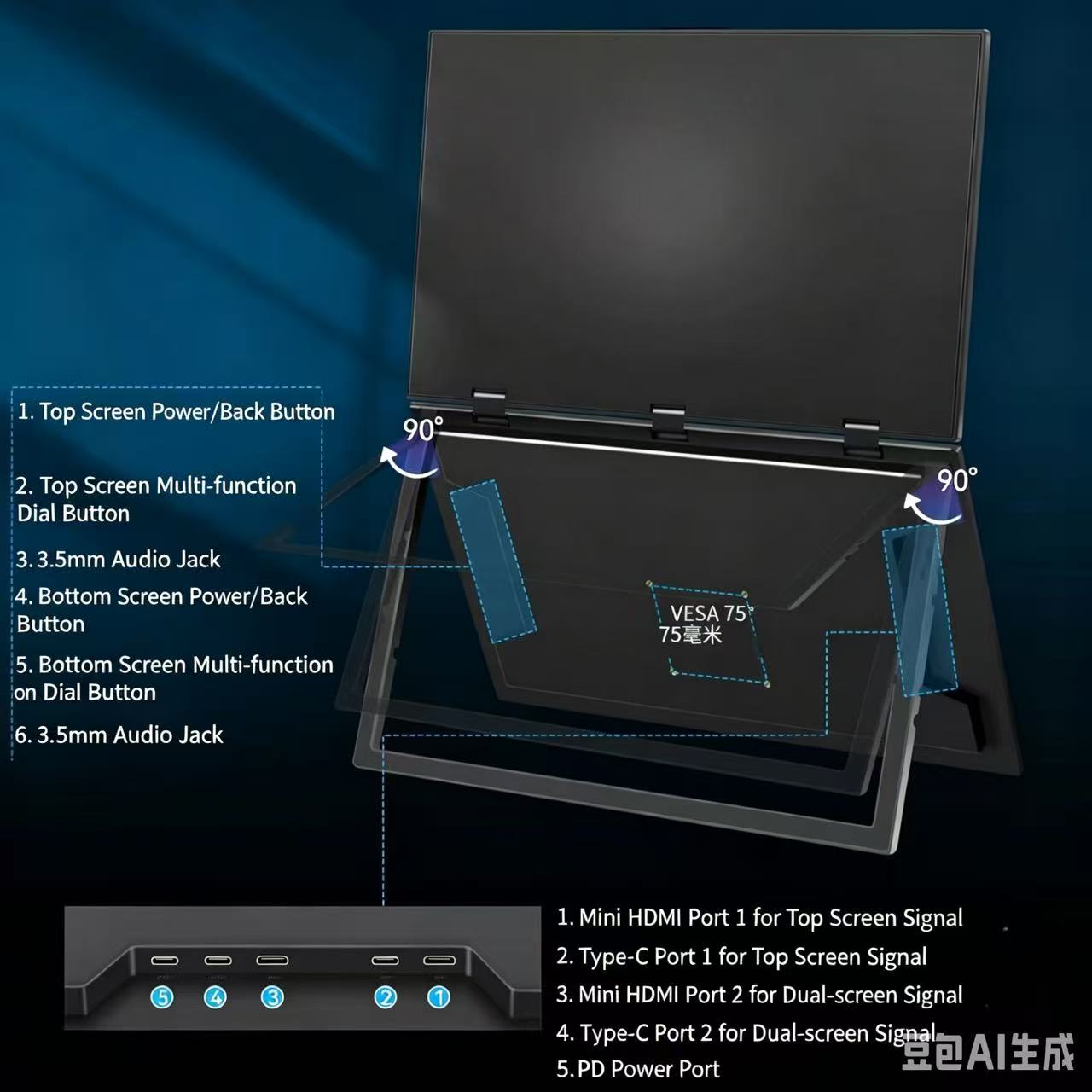18.5-inch Folding Dual-Screen Portable Monitor, One-Cable Connection, Laptop Extended Display, External Screen for PS5