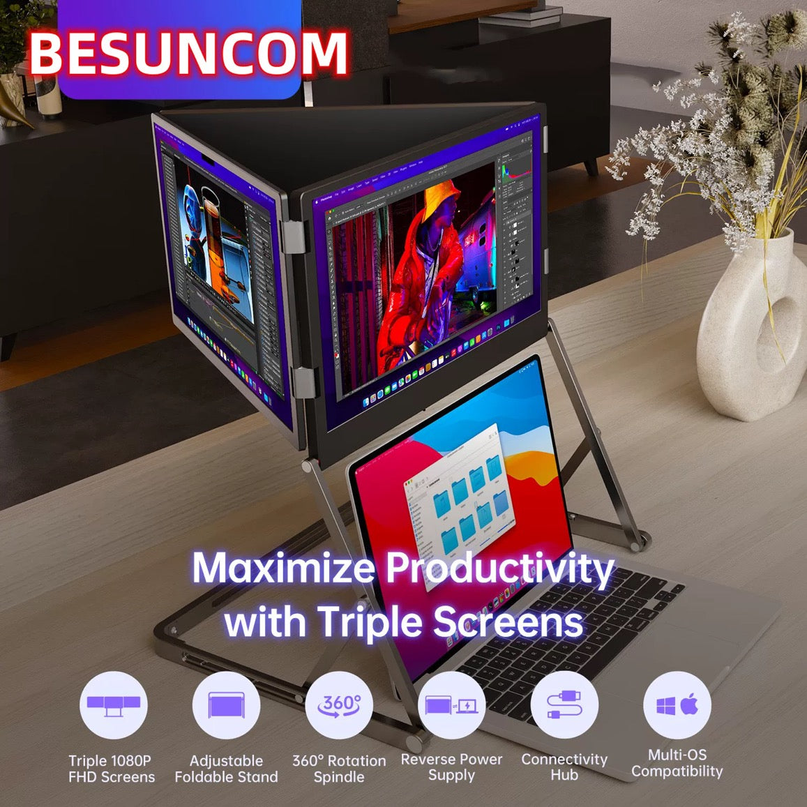 16" Triple-Fold Portable Monitor - 4K Multi-Screen Display for Laptop