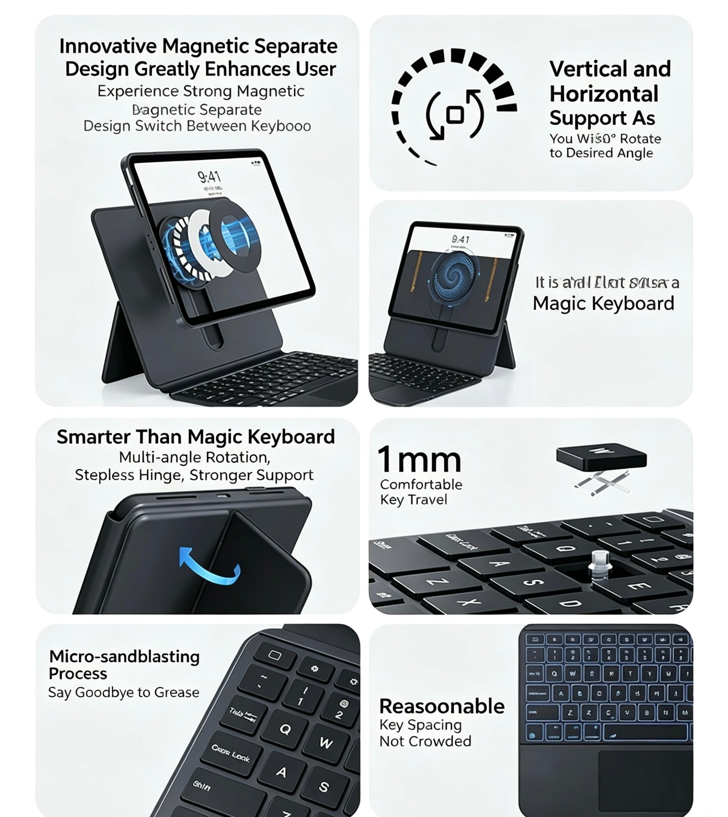 GOKO iPad Rotary Slide Magic Keyboard with Trackpad | 360° Rotation, Magnetic Detachable, Bluetooth, Compatible with iPad Air/Pro/mini