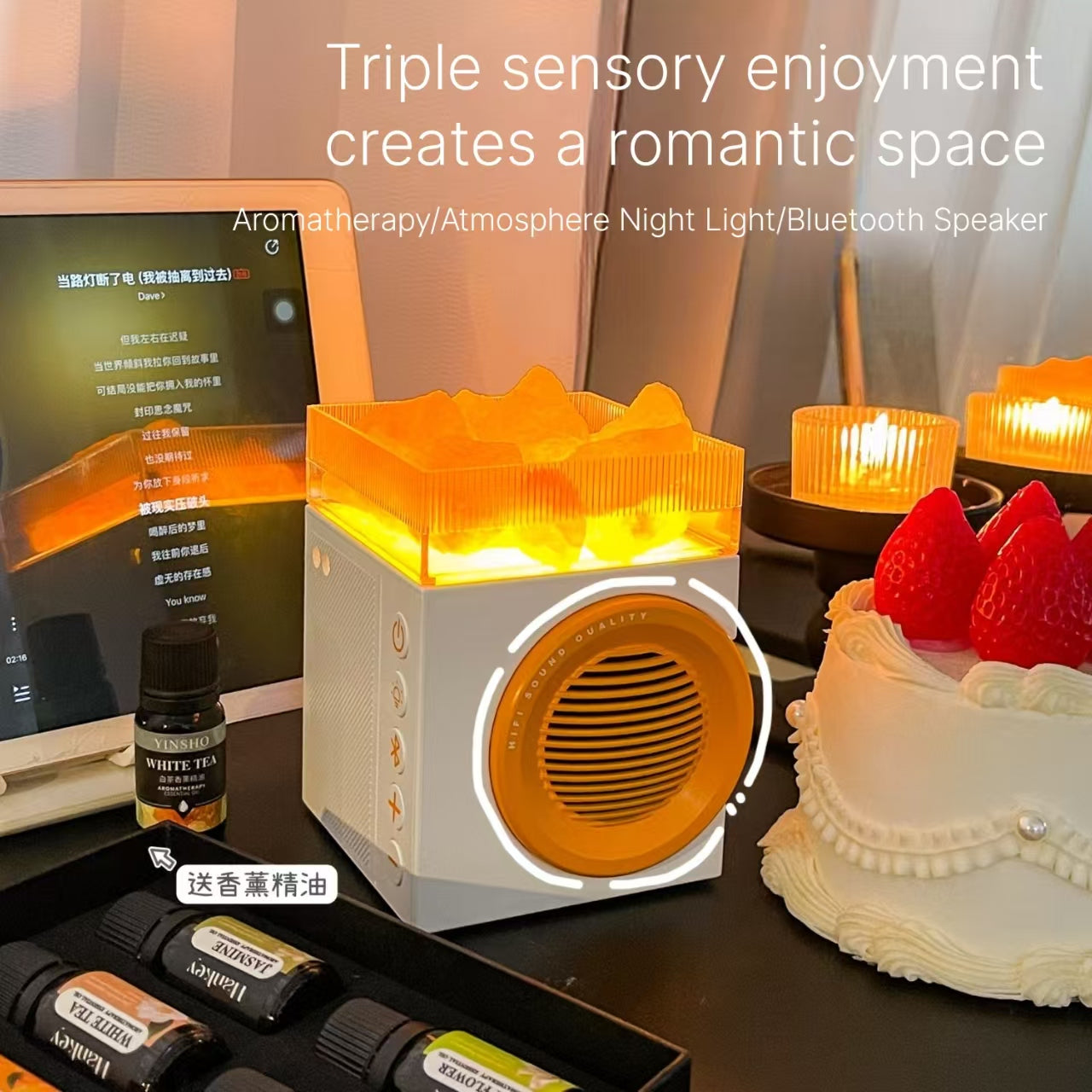 Crystal Stone Aromatherapy Bluetooth Speaker with Night Light - 3-in-1 Wellness Device
